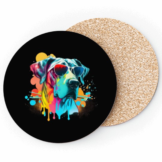 Colorful Kawaii Great Dane Wearing Sunglasses Coasters
