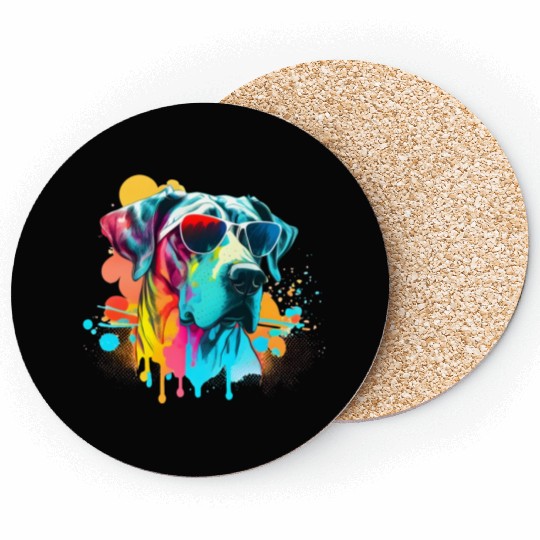 Colorful Kawaii Great Dane Wearing Sunglasses Coasters