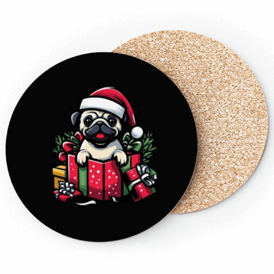 Pug In Present Dog Christmas Festive Santa Hat Coasters