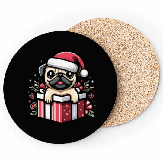 Pug In Present Dog Christmas Festive Santa Hat Coasters
