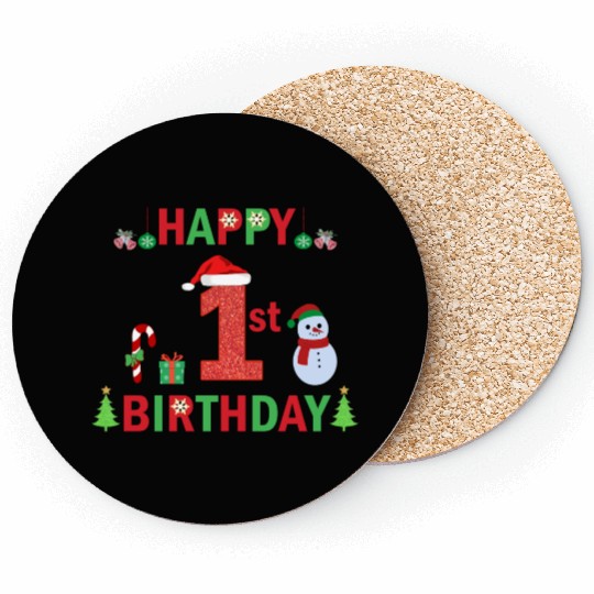 Christmas 1st Birthday Baby Bodysuit Coasters Caps