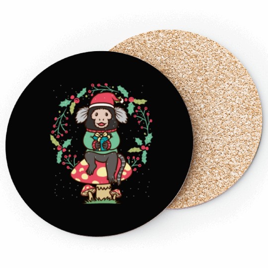 Marmoset Monkey On Mushroom Christmas Wreath Coasters