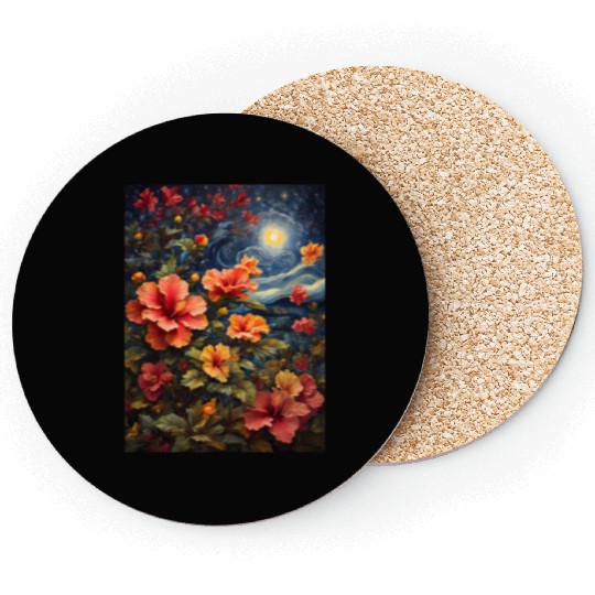 Colorful Hibiscus Under Starry Night Sky Coasters