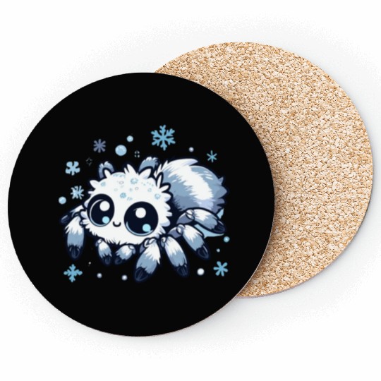 Cute white jumping spider in snowflakes Coasters