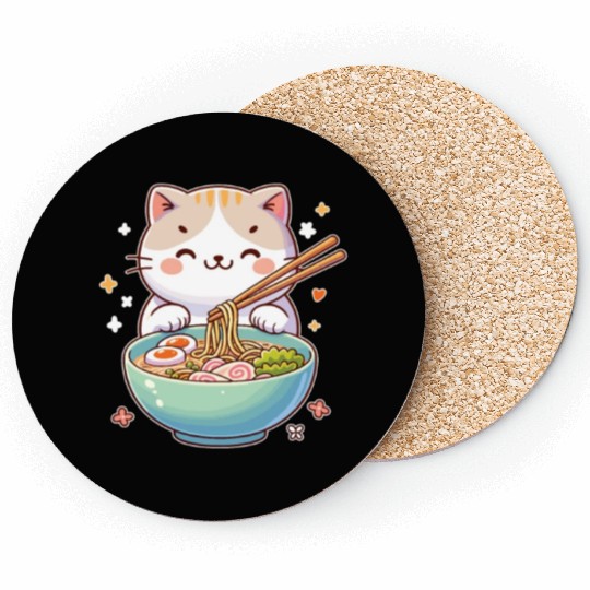Cute Cat Eats Ramen Noodles Cats Ramen Coasters