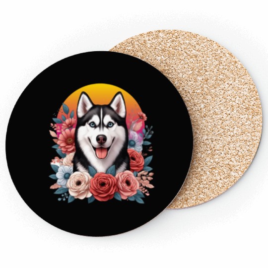 Husky dog with floral backdrop Coasters