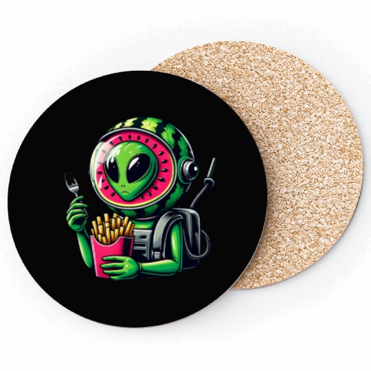 Alien with watermelon helmet eats fries Coasters