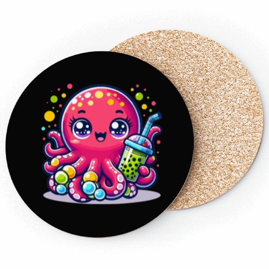 Kawaii Octopus With Bubble Tea Sea Ocean Boba Tea Coasters