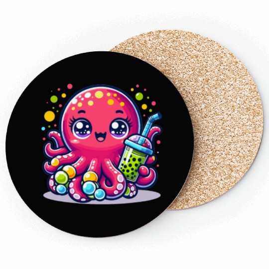 Kawaii Octopus With Bubble Tea Sea Ocean Boba Tea Coasters