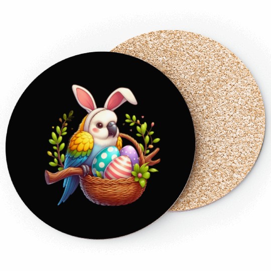 Easter parrot with bunny ears Easter eggs Coasters