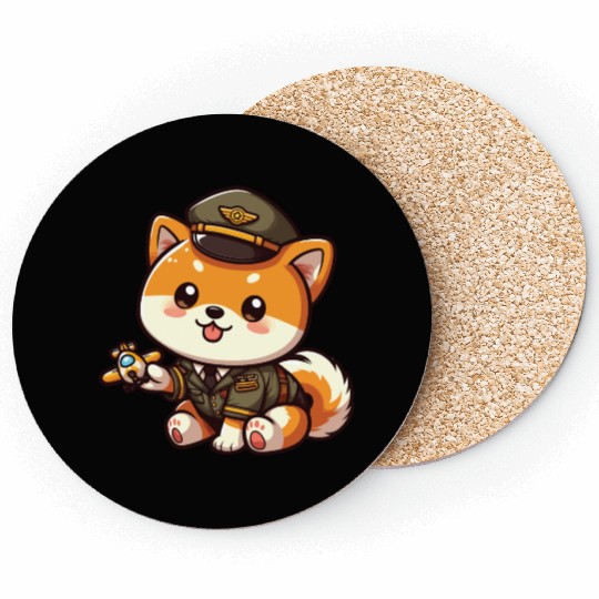 Cute Shiba Inu Pilot Playing Airplane Toys Coasters
