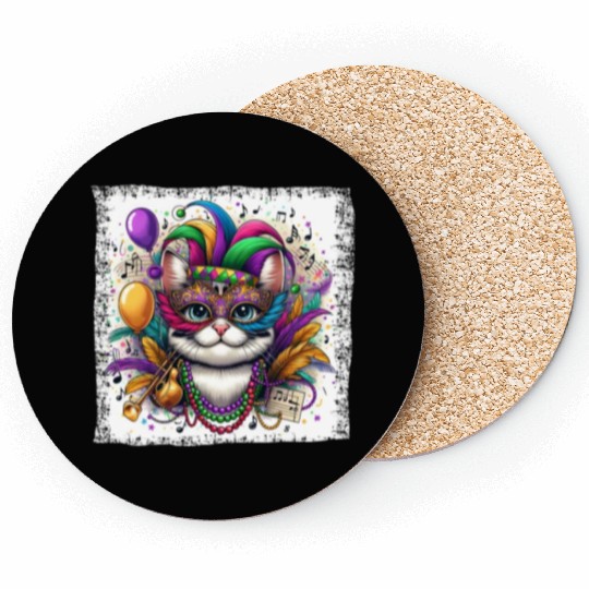 Mardi Gras Cat Mask Colorful Music Carnival Coasters