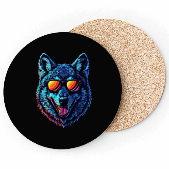 Cool Wolf Face Blue Wolf Wearing Sunglasses Coasters