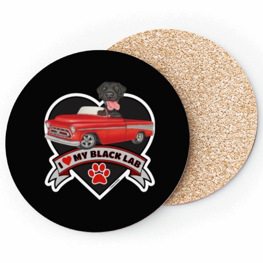 Cute black lab in classic truck inside a heart Coasters
