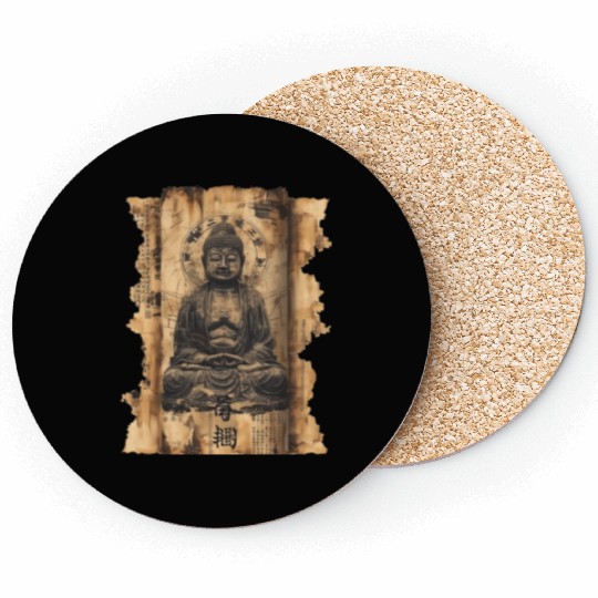 Vintage Papyrus Scroll Japanese Silhouette Buddha Coasters