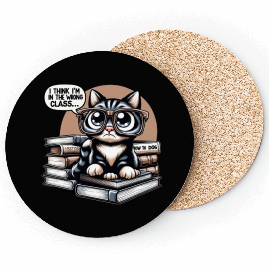 Funny Cat in Oversized Glasses Reading Humor Coasters