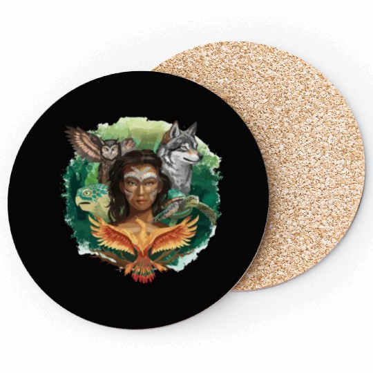 Wildlife Tribal Wolf Owl Turtle Woman for a Coasters