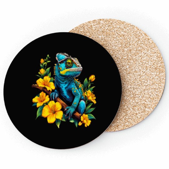 Chameleon on a Branch Surrounded by Flowers Coasters