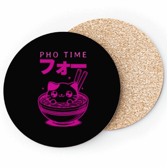 Pho Time Pink Cute Kitten in a Bowl Coasters