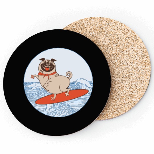 Waves riding pug puppy on surfboard Coasters