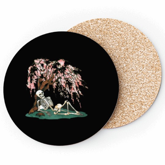 Skeleton in Repose Under a Cherry Blossom Tree Coasters