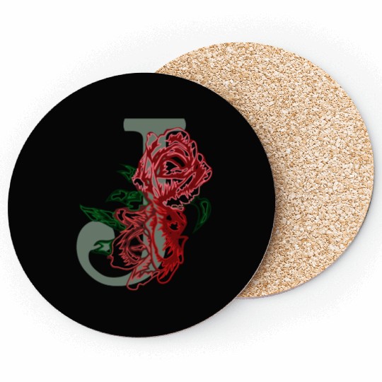 Capital letter J monogram and contour rose flowers Coasters