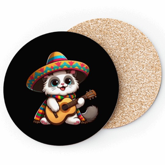 Fiesta Cat Guitarist Cinco de Mayo Coasters