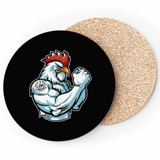 Chicken Hen Biceps Tattoo I Love Mom Coasters