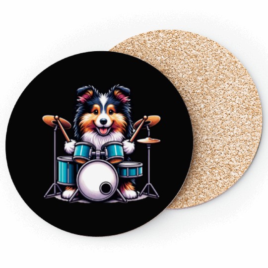 Cool Sheltie Puppy Drummer Design Coasters