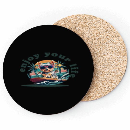 Enjoy Your Life: Yorkie Dog Surfing Premium Cotton Coasters