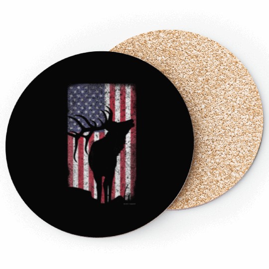 Elk Hunting Bugling Bull US Flag American Coasters