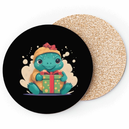 Cute Little Green Turtle Holding a Gift Coasters