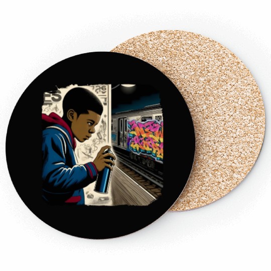 AI Teen in Underground Subway Layup -Masked Border Coasters