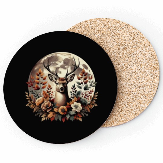 Cottagecore Deer With Flowers In front Of Moon Coasters