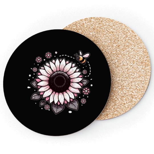 Cute Pink Sunflower Bee Floral flower Coasters