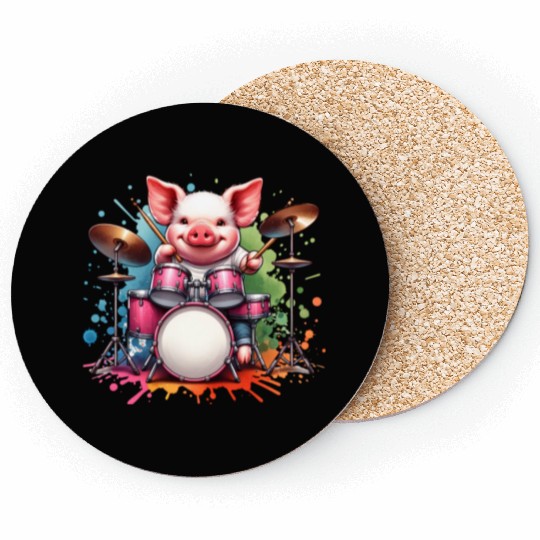 Watercolor Pig Drummer Farm Design Coasters