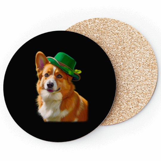 majestic Welsh Corgi dog with Irish Hat Coasters