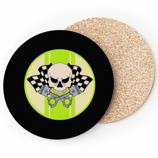 Light green racing stripe with skull and pistons Coasters