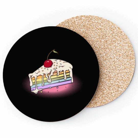 Piece of rainbow cake with cherry in comic style Coasters