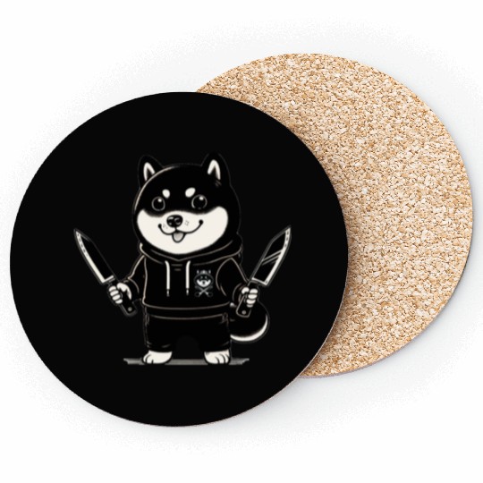 Hand-Drawn Style Shiba Inu with Knives Coasters