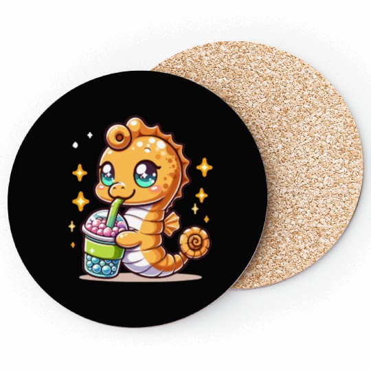 Kawaii Sea Horse Enjoys Bubble Tea Sea Animal Boba Coasters