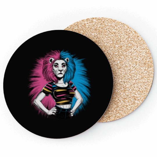Punk Lion with pink and blue hair retro style for Coasters