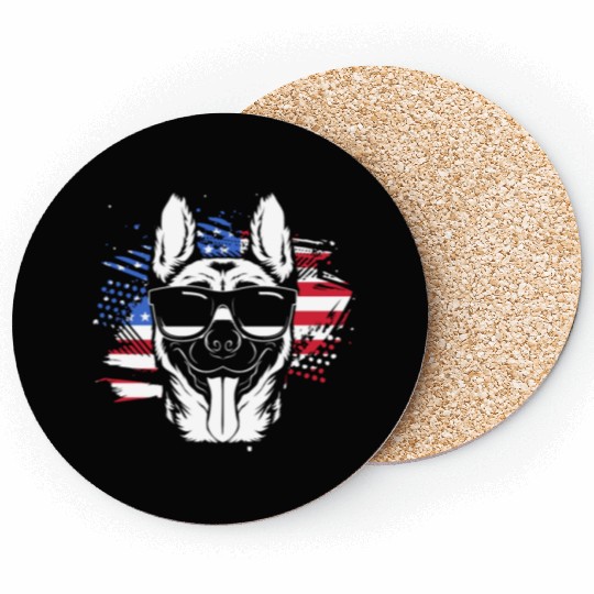 US Flag Belgian Malinois Wearing Sunglasses Coasters