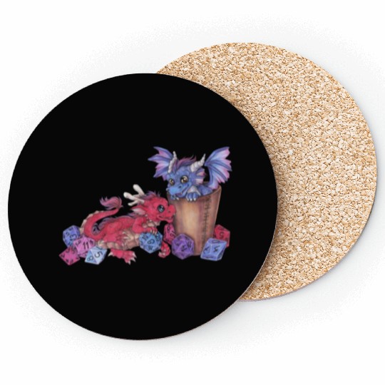 Cute dragon chibi with dice D20 pen and paper Coasters