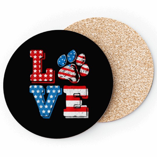US Flag Patriotic Dog Cat Paw Print 4th Of July Coasters