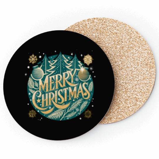 Green and Gold Merry Christmas with Snowflakes Coasters