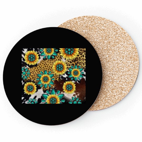 Turquoise Gemstone Sunflowers Leopard Cowhide Coasters