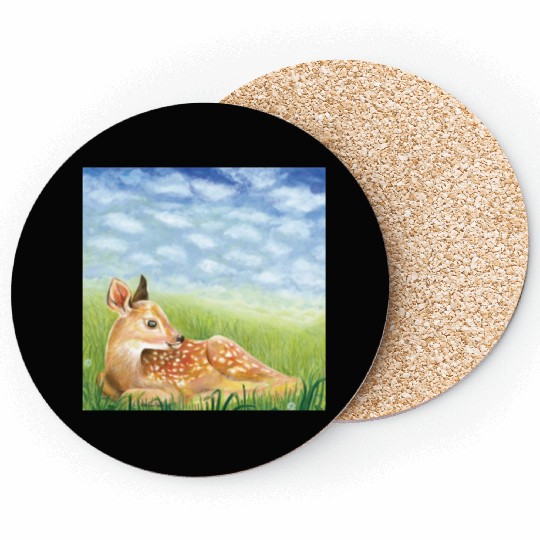 Cute Little Fawn in the Grass Illustration Coasters