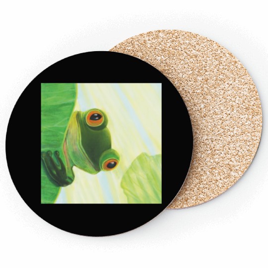 Cute Green Frog Peeping out From Behind Lily Pad Coasters