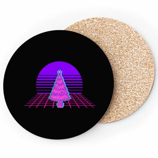 Vaporwave Christmas Xmas 80s Merry Christmas Tree Coasters